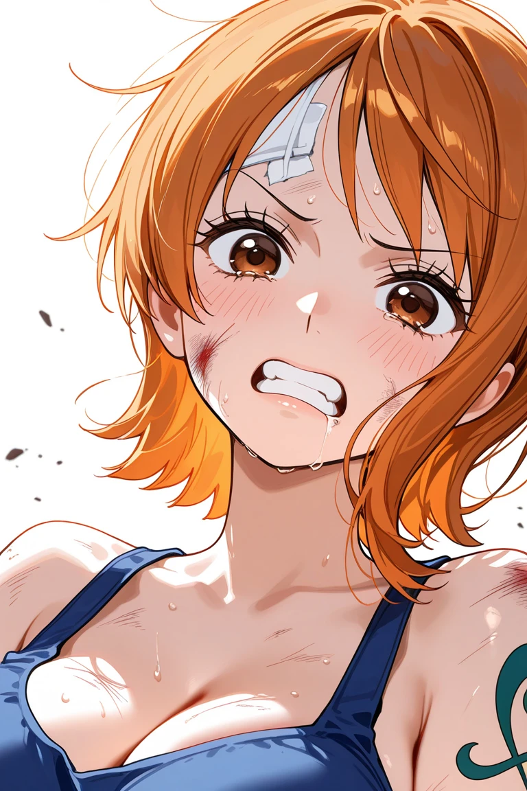 Masterpiece, sksrin, beautiful , facial details, 8k wallpaper, Rin Hoshizora Love Live, short hair, white gym bra, micro shorts , wrestling outfit,(lipstick:0.8), (face paint), defeated, beaten up, moist skin,thin waist ,short girl, skindentation , looking back, from behind,all fours, swelling bruises in face ,sad, drooling , torn clothes,top strap off, tears in eyes 