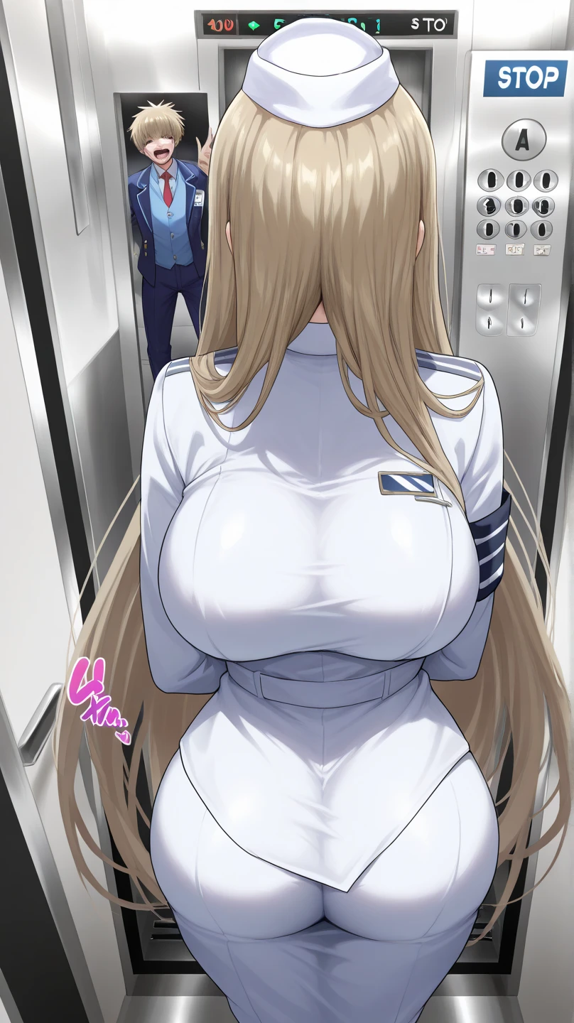(Best quality at best,4K,8K,A high resolution,tmasterpiece:1.2),ultra - detailed,(actual,realistically:1.37),HighDynamicRange,hyper HD,Studio lighting,Ultra-fine painting,Focus sharp,physically-based renderingt,Extremely detailed description,professional,terror,japanese manga,sci-fy,photography of,Concept artist, Kami Miller, Wearing a white uniform, short skirt, Side slit skirt, Brown eyes, has cleavage, Stand on the plane, bubbles in the air, A woman wearing a tight white uniform poses for a photo, thicc, tightsuit, 胸bigger腰细粗臀, Backward posture, 胸bigger腰细, Waist Shot, close-up shot from behind, has cleavage吸引力的姿势, Giant buttocks, 臀部增bigger术, bigger, Swelled like crazy, Round, full buttocks, Hourglass figure, Fitness model, Ruddy cheeks, breath through