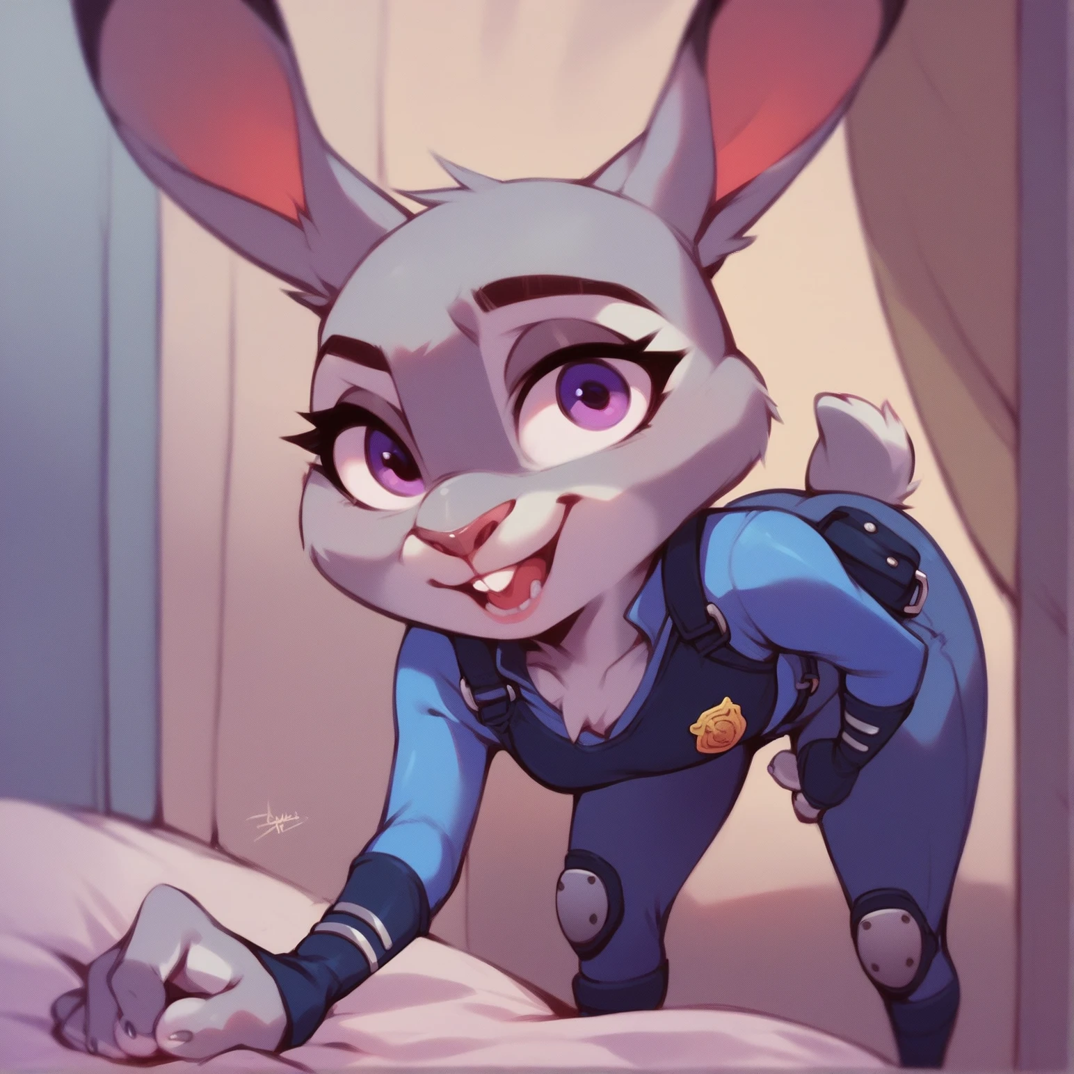judy hopps, ears facing down, gray fur, photo, 8k, high detail, semi realistic, best shadows, raw hdr, big ass, fishnet bodysuit (( facing the viewer's penis, 1 male)), pov, Pixar style, on bed, ( viewer's full penis) ((slutty)) cum on face, on her knees, big breasts