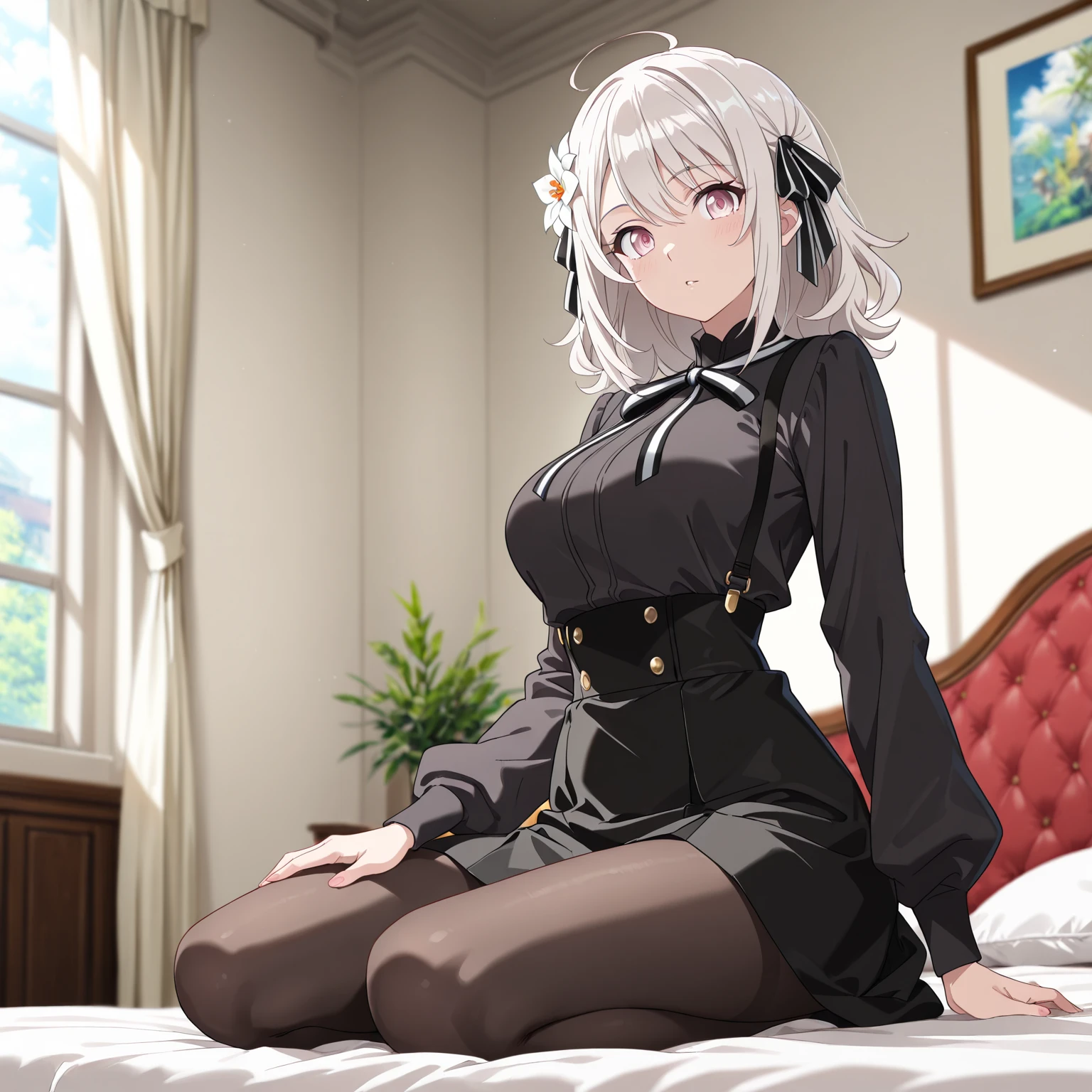 masterpiece, best quality, 1girl, solo, mature female, <lora:Ophelia_r1-000001:0.8> ophelia, white hair, long hair, closed mouth, sitting, on couch, crossed legs, dutch angle