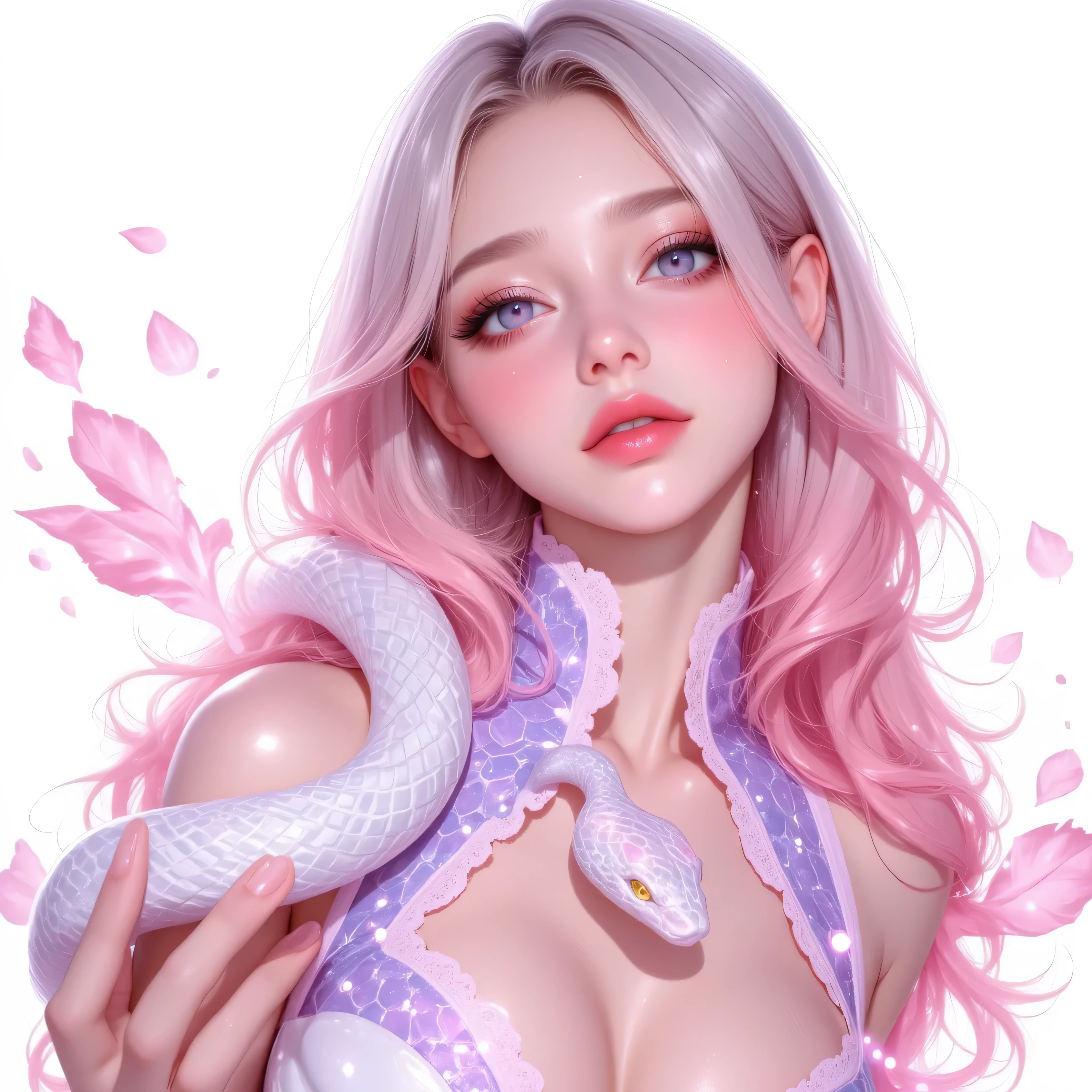 A soft and dreamy stylized portrait of a sweet-looking female character in digital art style. She has warm, expressive features and large, glowing eyes with a soft pink and lavender color palette. Her long, slightly wavy hair flows around her shoulders in pastel pink and soft purple tones.
A gentle, fantasy-inspired snake wraps elegantly around her neck and shoulder — the snake has shimmering pearly scales in tones of light pink and soft silver, with glowing violet eyes. The snake looks elegant and magical, not threatening.
Her outfit is modern-fantasy style — fabric textures, open collar or off-shoulder design, soft glowing trims in violet and pink. Light sparkles and magical dust-like particles float around her.
The background is clean white with faint glowing floral or vapor-like abstract shapes in pink and purple hues. Decorative petals or magical leaves subtly float around, adding depth and motion. Overall atmosphere is sweet, magical, and feminine.
— White background
— No text
— High-resolution digital painting
— Cinematic soft lighting
— Smooth skin with natural shine
— Clean silhouette, logo-friendly composition
— Subtle fantasy vibe with a gentle glowing effec