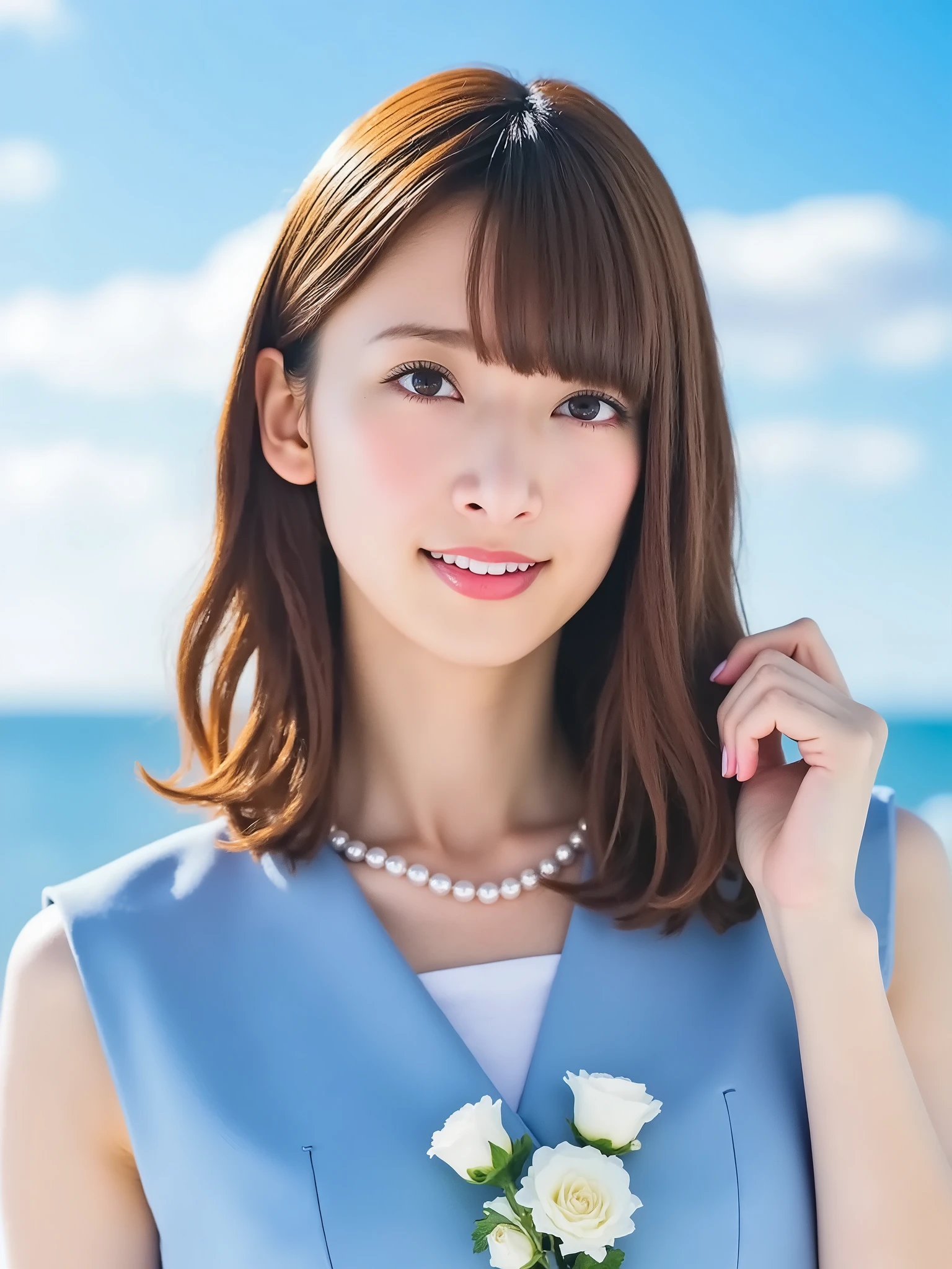 Sweet girl clothes2,pearl necklace,blue dress,flower, ((knee shot)), (Shot from a random perspective), (medium shot), detailed, dense, masterpiece, a girl, beautiful, outdoor, seaside, Blue sky and white clouds, sea, elegant posture, Attractive pose, sexy, sexy的双腿, Slim, Slender legs, brown hair, 22 years old, smooth skin, glowing skin, glowing hair, clear eyes, glowing eyes, brown eyes, Soft lips, pale pink lips, smile slightly, Shy, open mouth, Bangs, big breasts, glowing skin, Warm colors, Color saturation, Simple gold necklace, Diamond necklace, (masterpiece: 1.0), (actual: 1.6), (soft focus: 1.5)