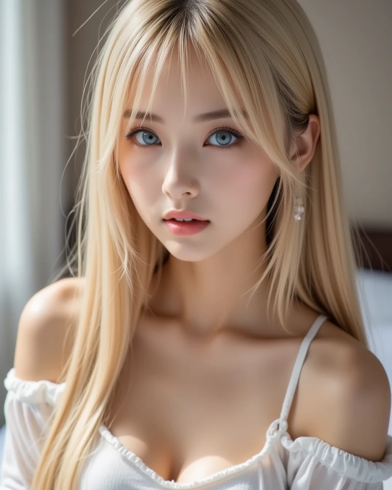 A woman with long blonde hair and blue eyes is taking a photo, Gorgeous young model, Portrait of Sophie Mudd, Beautiful female model, Cute young woman, とてもBeautiful young woman, Beautiful model portrait, Beautiful girl, Beautiful young woman, Beautiful Woman Photos, Perfect Face, 17-year-old female model, Beautiful young々Funny face, Beautiful blonde girl、Short Bob、Her pink nipples are visible.、Young Face、Full nudity、I can see、Hairless female genitalia、shortcut、short hair
