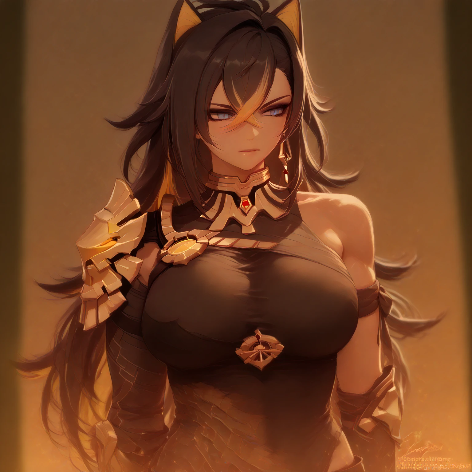 ((masterpiece)), (best quality:1.7), (detailed:1.4), (high res:1.4), 8k, (colorful:1.5), 2d, high resolution, sharped image, 4k, hd, dehya_genshin, 1girl, (((solo))), black hair, long hair, blue eyes, smile, middle body, big breasts, blonde bangs, cat ears, ((middle body)), black pants, shirt, navel, torn clothes, cowboy shot, (((jewelry))), black gloves, (((armor))), thighs, collarbone, official custome, armor choker, desert, cleavage, parted lips, streaked hair, midriff, hair intakes, dark-skinned female, halterneck, armlet, black gloves, ((criss-cross halter)), torn clothes, belt, (((armor armlet))), fingerless glove, two tones breasts, ((thighs)), angry, serious, close mouth, narrow eyes, eyeliner, ((looking at viewer)), red breasts, ((bare legs)), sunset, (((glove with claws))), hands on own hips, (((shoulders armor))), bracelet armor, belt armor, (earrings), gold chain, ornaments, ((partial blonde hair)), cape dividide in two, <lora:dehya_genshin:0.6>, <lora:thickerLinesanimeStyle:0.6>