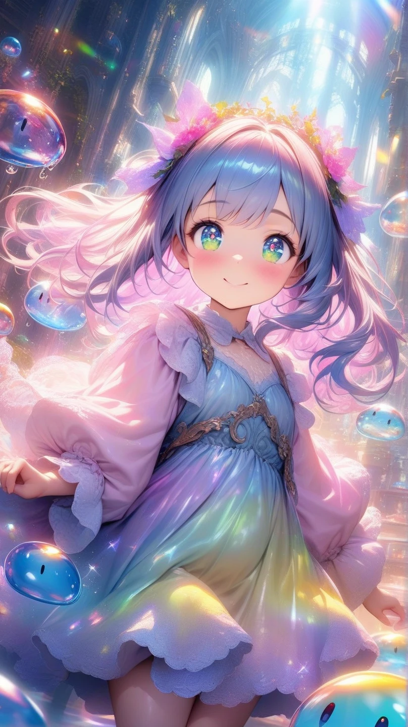masterpiece, highest quality, intricate details, excellent anatomy、beautiful girl, sparkling eyes, Otherworldly liquid fantasia background, watercolor, bright and vibrant colors, Whimsical, colorful, Layered Tiered Puffy Long Sleeve Ball Gown, ((iridescent rainbow bubbles))