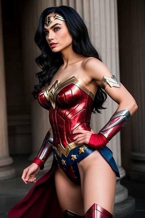 Top model Nata Lee dressed as Wonder Woman, upturned buttocks, thong panties, perfect body, extremely black hair, perfect brilliant blue eyes