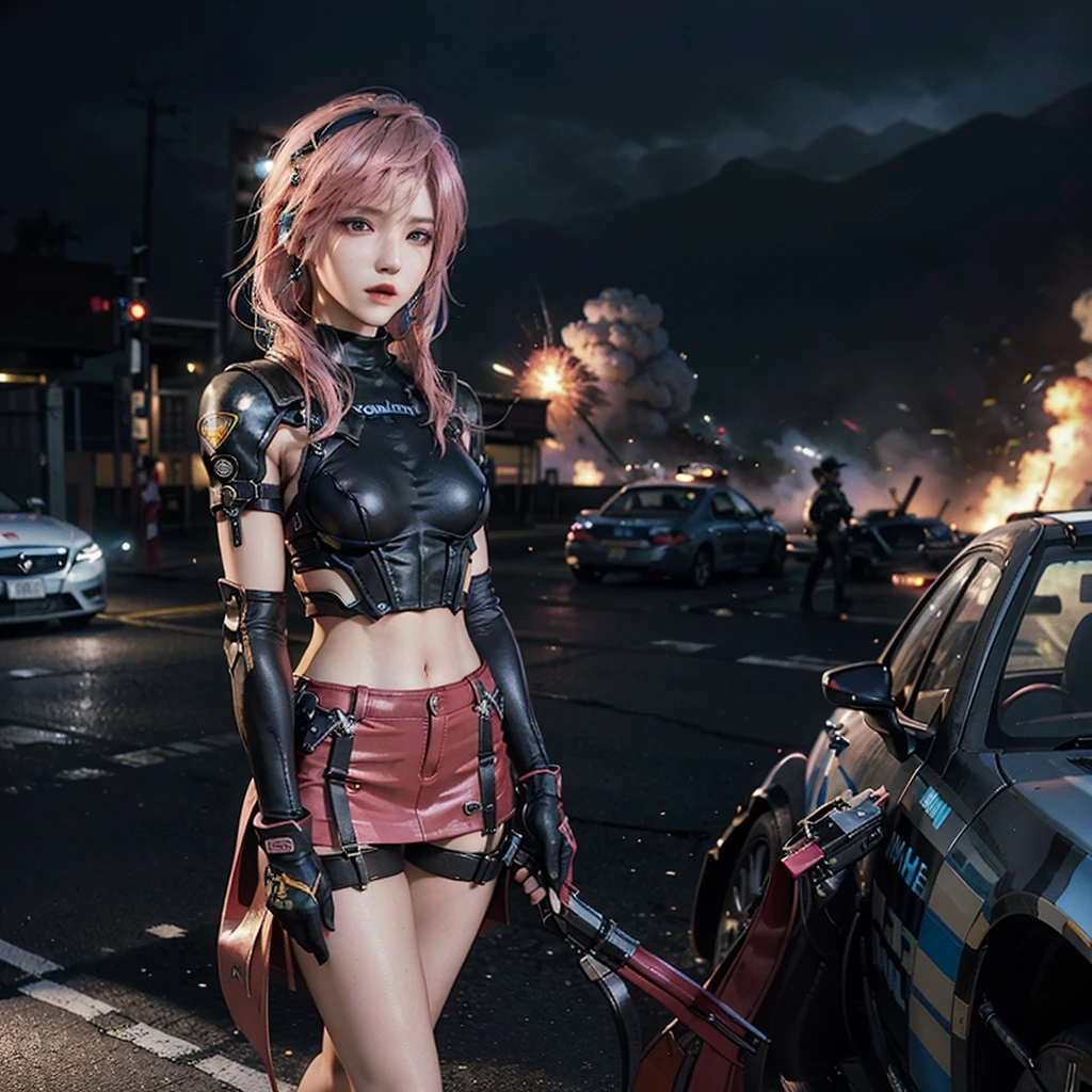 rebelliousness，cyber punk perssonage，The girl stood in front of the mech in shorts，Need,tmasterpiece,whaite hair,Golden eyes,Manteau blanc，Hairline,Fair skin,SideBraid，The shirt
