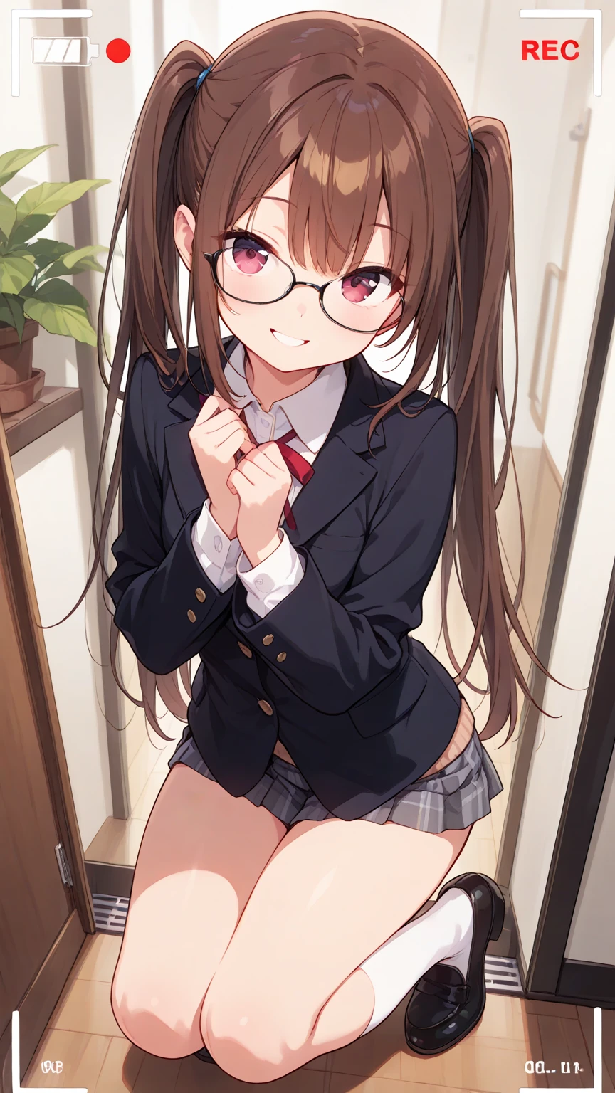 Highest quality, masterpiece, High resolution, alone, {full moon_Fleet Collection:1.15}, Long Hair, Brown Hair, Glasses, brown_eye, red-framed_Glasses, semi-rimless_Glasses, Crescent Moon, black_Seraphim, blush, Under Rim_Glasses, One girl, Closed_eye, Open_mouth, School_uniform, (indoor, office, living room), , blackスカート, smile, (Petite),((nsfw)), Flat Chest