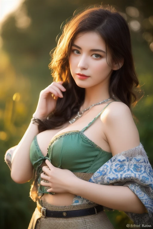 1 Indonesian-Dutch girl, 2, long fashion hair, black and straight hair, fit body, ample cleavage, puffed round breasts, (aerola slip), slit lace kebaya, batik short skirt, masterpiece, realistic photography, photorealism, highly detailed, ultra hd, 8k, detailed face, bright eyes, perfect eyes, detailed skin texture, charming makeup, detailed lips, sensual lips, perfect hands, outdoor, dynamic light and rendering, cowboy shot, sharp focus