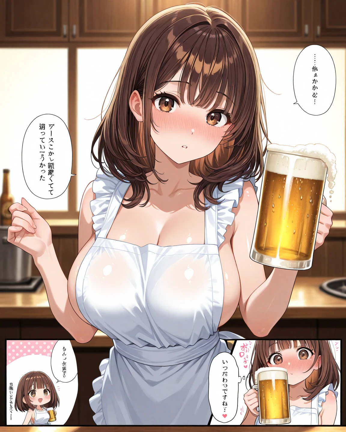1girl, solo, nsfw,, SHIINAKOKOMI,  brown hair, (Medium hair, shoulder length hair:1.5) brown hair, BROWN EYES,, empty eyes, large breasts, nipple, Conveyor belt sushi restaurant, frozen, (Sweating profusely, Love juice, Wet Woman, female ejaculation) crying, Naked, (1girl) Peeing, lactation, projectile lactation