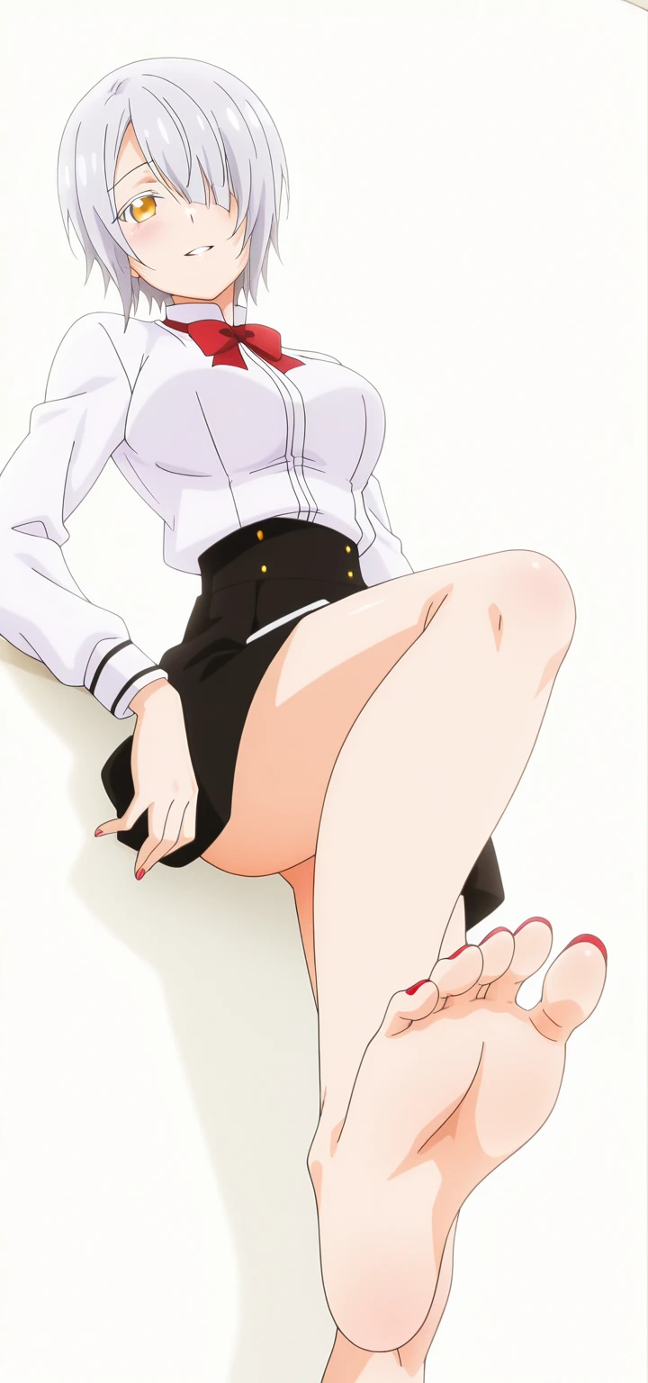 ((Medium Shot)), beautiful girl, slender, very short brown hair, wear a white long-sleeved T-shirt, white bikini panties , Perfect hands, Perfect body, put her feet on the table., barefoot, The eyes out of sight , ((Exquisite detail)), Very finely crafted fingers(((10 fingers))), , (Full-body showcase), (Show your whole body), (No logos on background), (No logo), bare foot, The camera frame is taken from below.,
