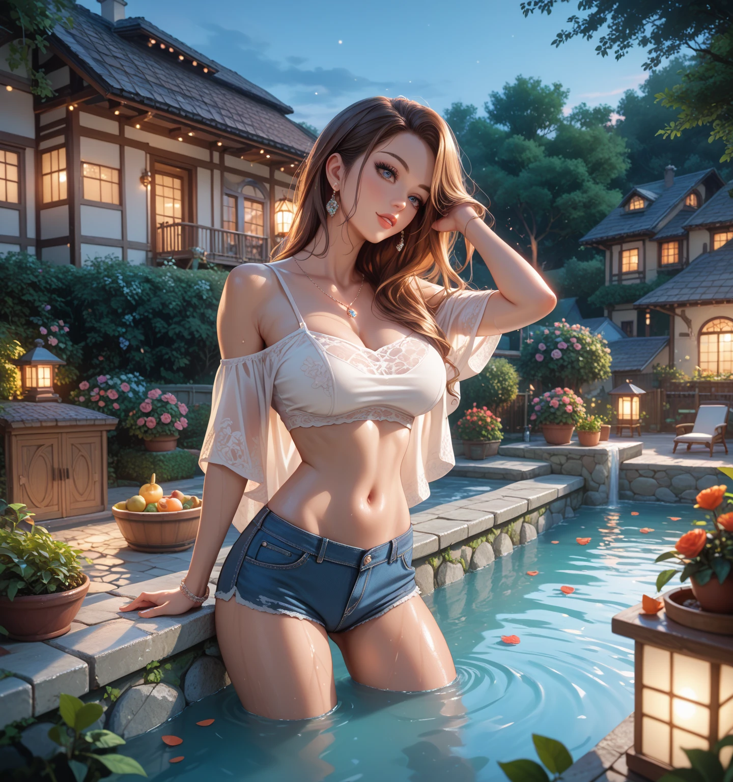 (arafed woman in red bikini sitting on a bench in a pond, digital fantasy art), artgerm julie bell beeple, wlop art, wlop and ross tran, wlop |, karol bak uhd, beautiful digital artwork, art style fantasy, tithi luadthong, beautiful fantasy art, fantasy woman, ((a painting of a woman with long wavy hair)), t-shirt with plumeria design, digital art inspired by Cyril Rolando, trends in cg society, fantasy digital art, colorful digital fantasy art, beautiful 4k uhd art, exquisite digital illustration, MASTERPIECE, full-length photography, ((black and brown hair, long afro-style hair)), ((real water)), bathing in a river pond, extremely detailed art, blushing, ((water running down body)), ((small breasts)), legs spread, ((sexual arousal, sexual expression)), shiny skin, intricate digital photography, elegant and very detailed, majestic and surreal painting, beautiful finely detailed eyes: 1.2), hdr, (masterpiece), best quality, expressive eyes looking out of the corner of the eye, perfect face, ((portrait of a beautiful goddess with afro hair)), ((long hair in braids and afro)), ((Latin brown skin)), intricate, elegant and highly detailed digital photography, (detailed background window to a new dimension), plants and flowers: 0.7), (( night sky with full moon)), very detailed face and body, cinematic lighting, photorealistic, 1 girl, 18 years old, dark brown eyes, big eyes, pink lips, bald pussy, well lit, beautiful and aesthetic: 1.2), (art fractal: 1.3), ((colorful and beautiful goddess emerging from the ocean, full female body)), ((wild waves, big waves)), oriental mandala tattoos, ((transparent dresses merged with the sea)), ((sky stormy, sunset sky, red storm clouds) )), ((ancient temple floating in the sea)), ancient floating clock, lamp, lantern, beautiful girl with a slight smile, forest, flowers and roses, vagina visible, no panties, ((sitting on a marble pedestal)), front view, magic, world of The Lord of the Rings, waterfall,