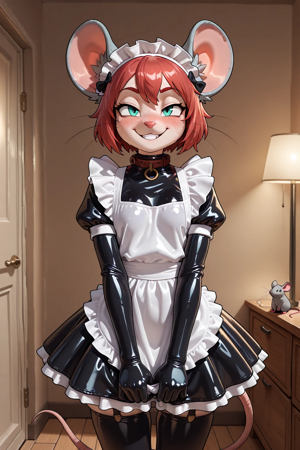 (masterpiece), highest quality, Perfect Face, furry, Furry, male, Blushed, Rubber suit, Null bulge, room, On the bed, ribbon, Rubber maid apron, Chastity belt, Gloss