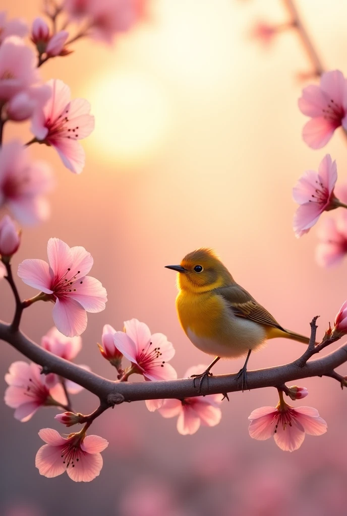 In the warm morning light，A golden bird stands on a branch full of cherry blossoms，Light pink petals fluttering with the wind，, the sky is fading in the distance，with fuchsia in the distance，The whole picture is filled with soft light，The image quality is clear  detailed，The composition is beautiful，Full of life  hope 666