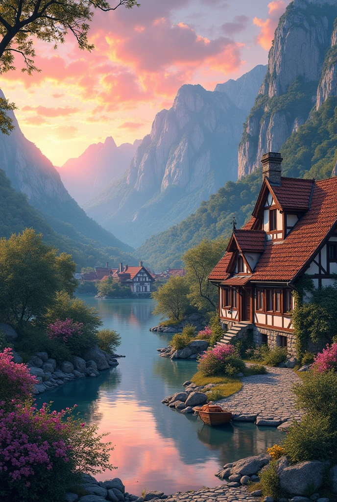 a small village by the river，Background is mountains，Flowers bloom，Brightly colored，Detailed Scenery，Beautiful Natural Scenery，Ambiance Lighting，Burning Sunsets，a warm color palette，utility，utility摄影，Detailed Leaves，Intricate architecture，cobblestone streets，charming country house，Swirling bright colors，dense vegetation，Intricate architecture，picturesque，Relaxed and Quiet，artwork of a，Best quality，8k，Extremely detailed，Anime style