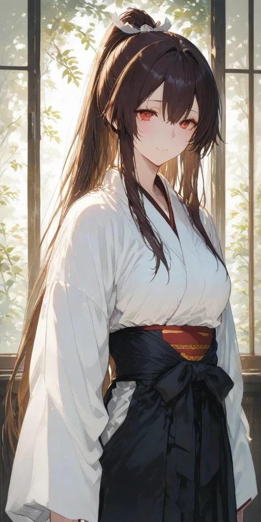 (masterpiece, best quality, ultra-detailed, full body, centered composition),
a beautiful female warrior shrine maiden standing confidently, holding a naginata,
long black hair tied back, traditional miko outfit with red hakama and white sleeves, subtle armor parts,
dynamic background with sakura petals fluttering, cinematic lighting, sharp focus