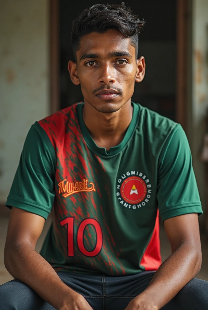 A 15 year boy wearing Bangladeshi jersey.with the stick on his lift hand and the background is full of red blood of bang
