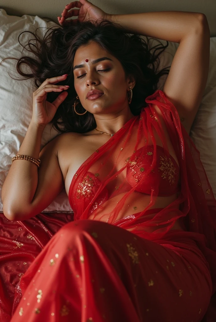 ((32K, ultra HD, RAW Photo, Best Quality, Masterpiece)), ((photos Realistic)), (cinematic lighting) (ultra-detail), shot with Canon EOS R5, ((((50mm len))) f/2.8, HDR,  best quality, lifelike, 8k, high resolution, Indian bride girl in traditional red saree,, 1 girl, Miss, (professional lighting), (portrait:0.6), (Lie flat on your back on the bed), Gorgeous, black hair, (1 girl ), eyes closed，lifelike, ,SFW, Calm expression，full-body shot，top view, full body,, open legs, novel, nude, naked, sleeping, juicy pussy, dark blue bedsheet, Indian bridal makeup