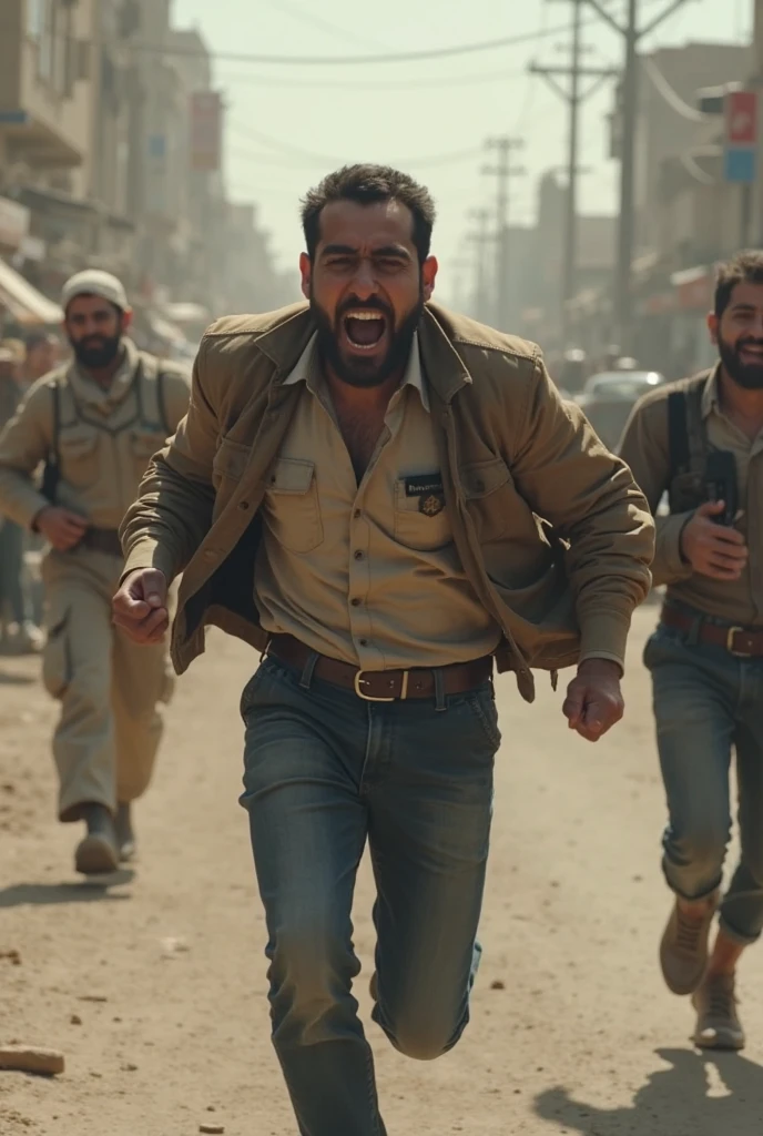 image of a man with a bus driver's uniform, arabic features, shouting at an empty bus station located in the middle of the desert, humble houses in the background, brown tone of the desert, morning light