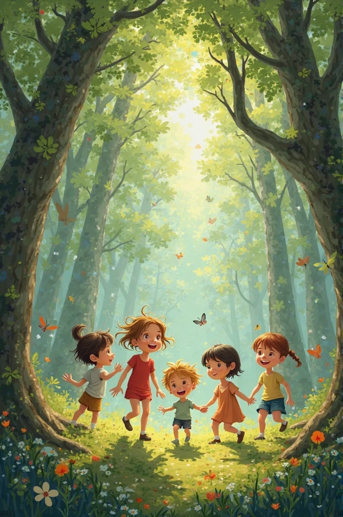Children running in the forest
