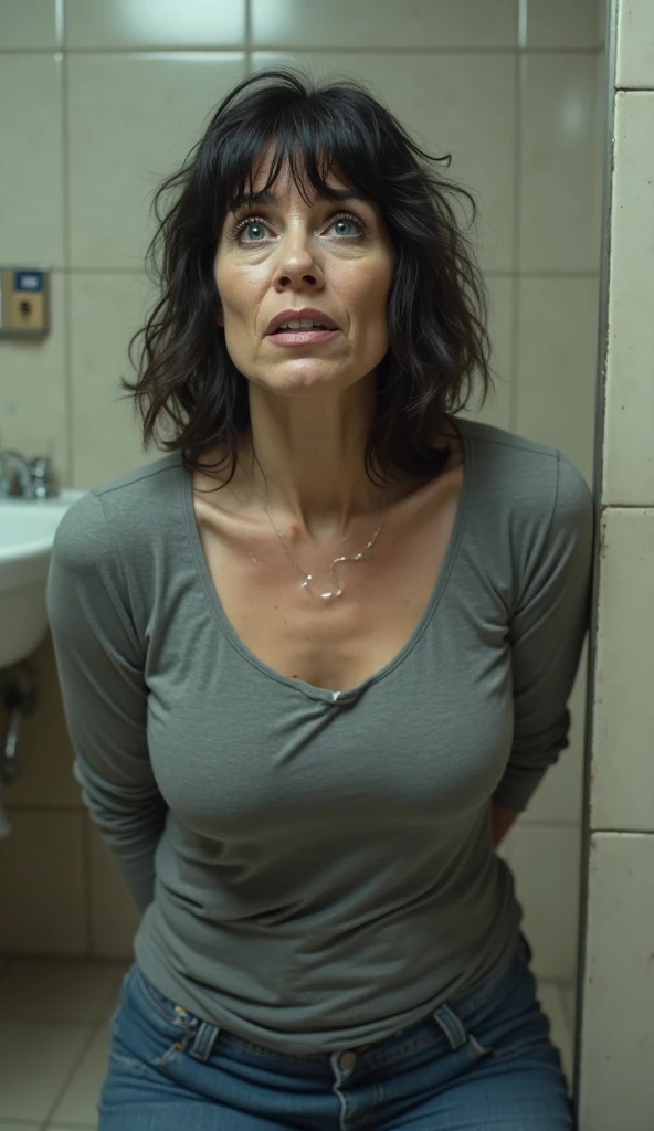 photograph of a real 52 year old woman, cara perfecta, senos grandes, culona lenceria azul en la ducha 