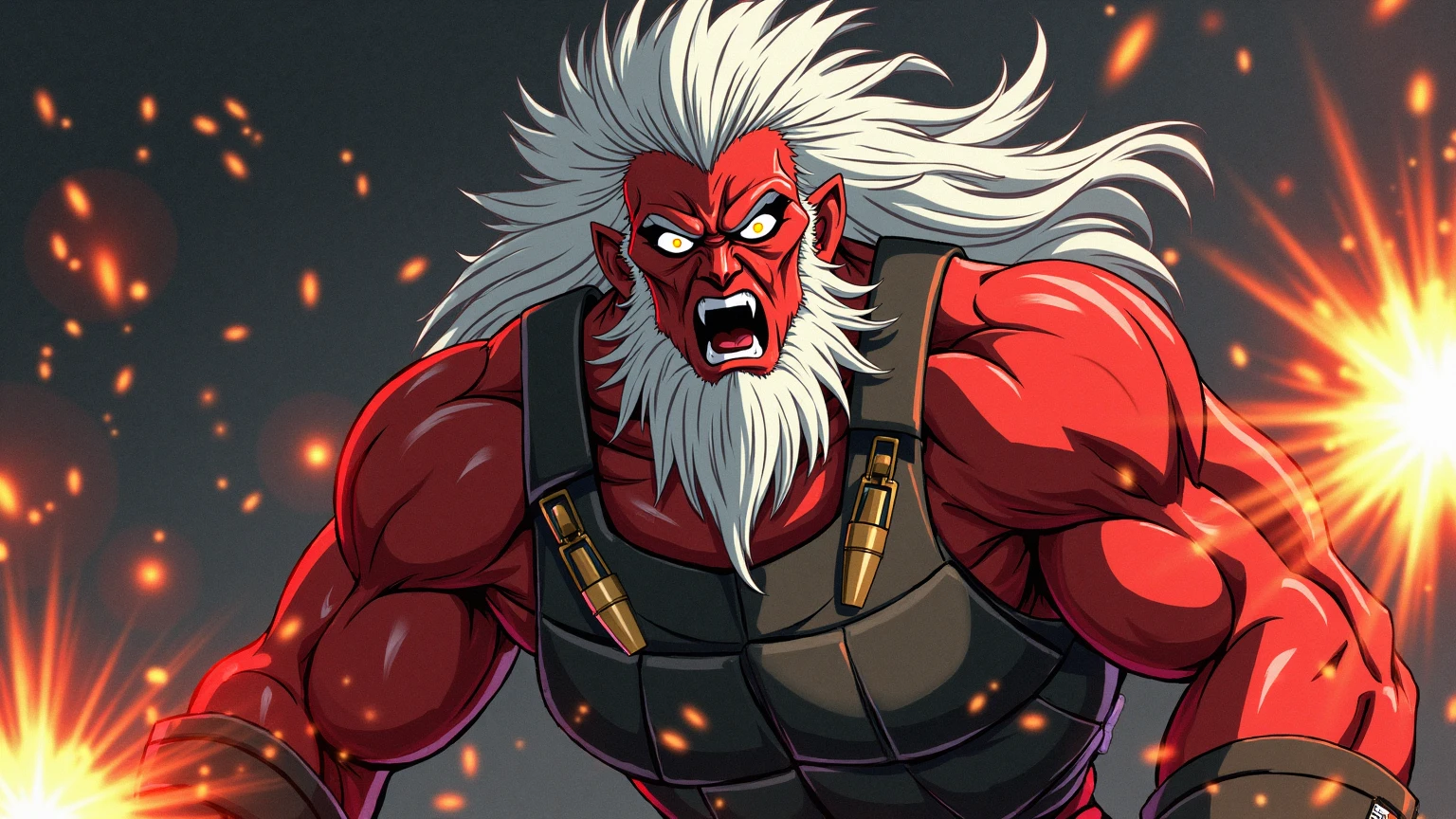 Bloody and screaming muscle god green eyes long hair beard