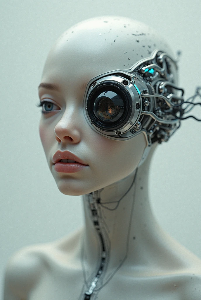 1 mechanical boy, ((male:1.5)), short haircut, blonde hair, green eyes, blonde, normal angle, eye level camera, facing the camera, ((watching the camera:1.5)), (24 age) ((ultra realistic details)), portrait, ultra sharp, metal, intricate, ornaments detailed, highly intricate details, realistic light, glowing eyes, ((facing camera)), neon details, machanical limbs, blood vessels connected to tubes ,mechanical cervical attaching to neck, wires and cables connecting to head, ((cyberpunk style))