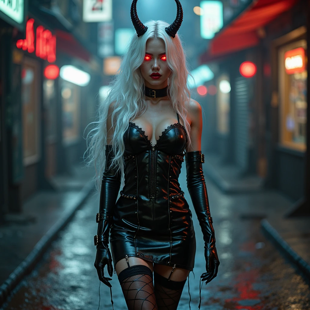 (Best Quality,hight resolution,Masterpiece, full body view:1.2),Ultra-detailed,demon woman with horns oozing black poison,dressed in a loose ((gothic black leather straitjacket)),standing in a horror sci fi scenario,horror sci fi aesthetic,gloomy ecstasy,fetish,dark gloomy atmosphere,gritty texture,Retro-atmosphere,warped reality,melancholic expression on his face,mysterious ,Subtle color palette,provocative pose,Strong emotions,Coming Out of the Depths of Despair,Piercing gaze,intense shadows,Plunged in Darkness,dark industrial , white short hair, Bangs, freckles, black eyes dripping petroil, full body