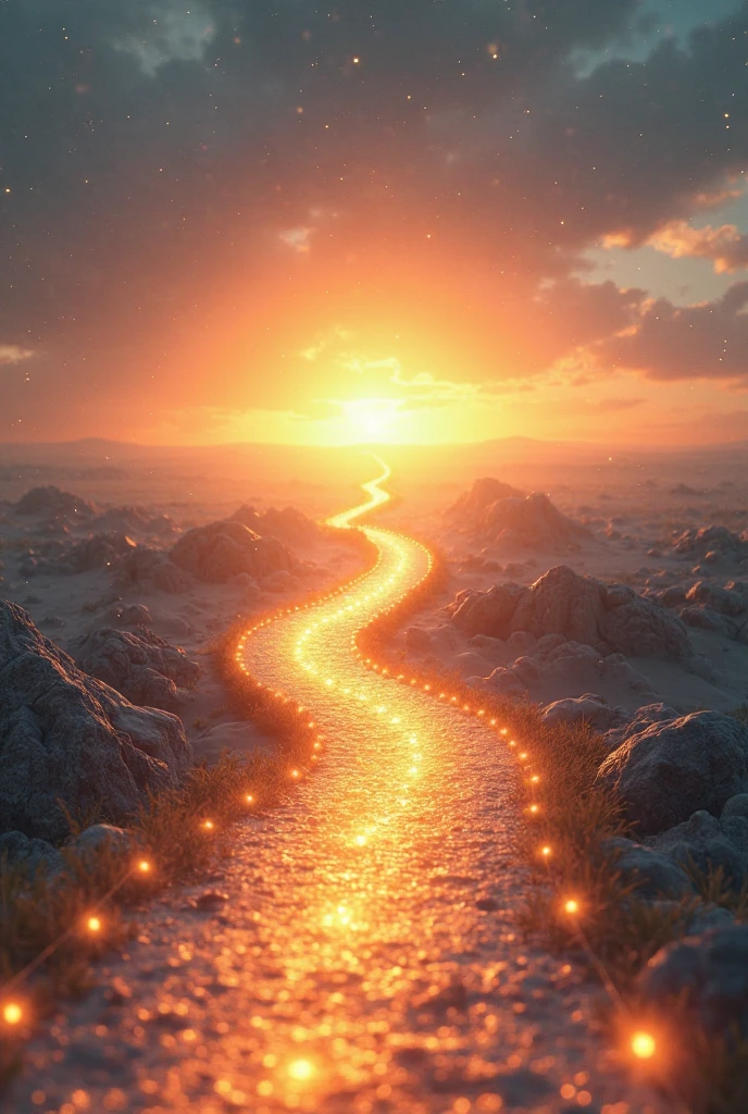 A bright, glowing path leading towards a shining horizon (representing ...
