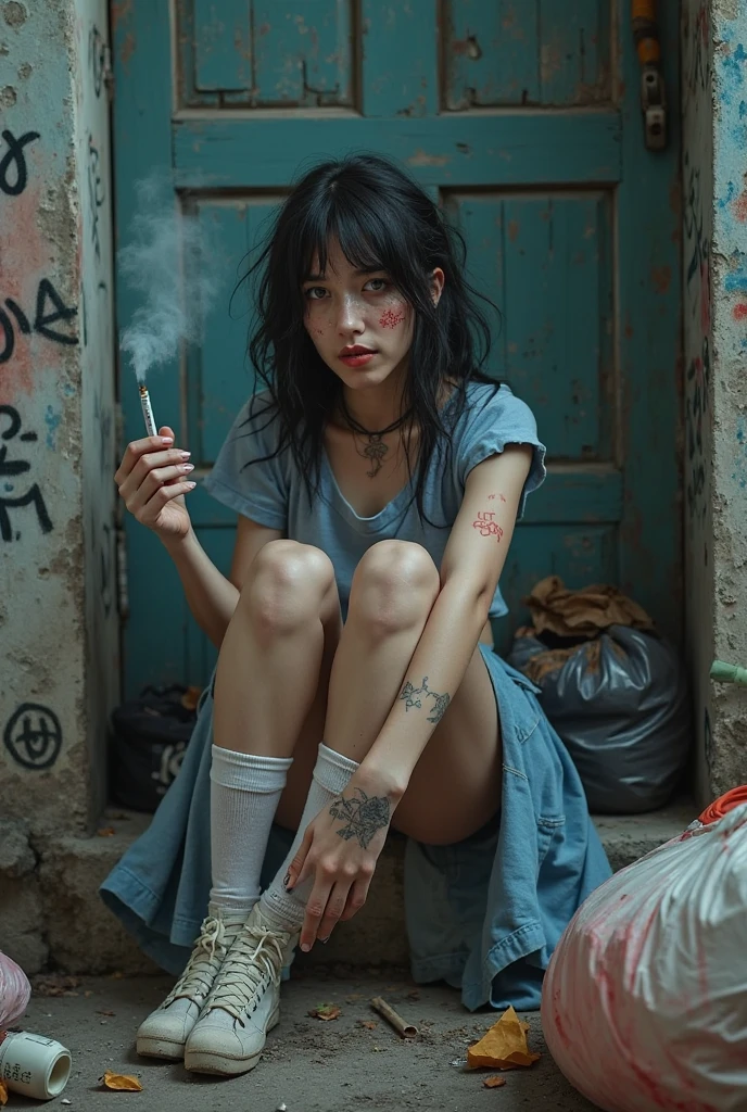 Hyperrealistic photo of beautiful emo Alice in Wonderland, where she is sitting on the street smoking a cigarette, she is wearing a red dress, striped stockings and red Converse sneakers, the wall behind her back is decorated with graffiti with the words "Lentera", empty bottles are scattered around, the air is filled with teenage protest, smoke is coming from her nose, she looks cool and determined, black eyes, black hair. Cool iPhone wallpapers]