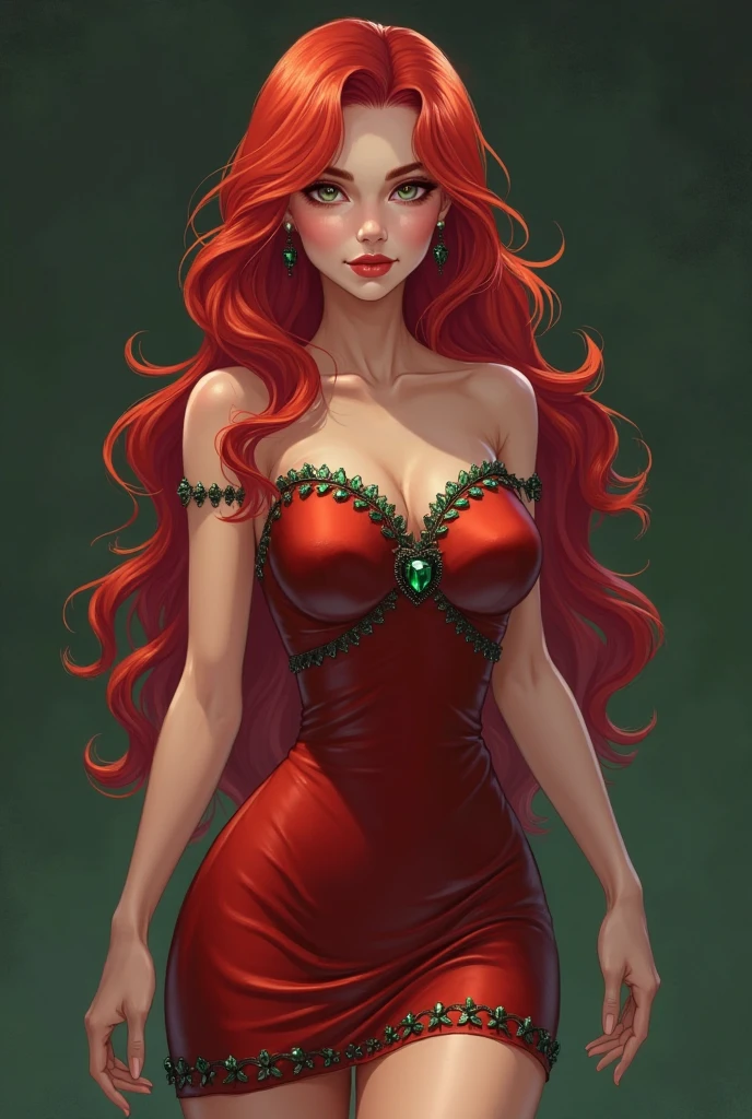 a woman with long crimson hair, intricate Green corset, beautiful detailed eyes, beautiful detailed lips, extremely detailed face, longeyelashes, elegant pose, graceful movement, breathtaking, detailed and realistic, oil painting, dramatic lighting, warm color palette, cinematic composition, masterpiece, 8k, high quality, poison ivy, freckles on breasts, freckles on face