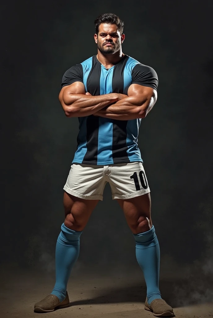 Strong, bearded mixed-race man, smiling and showing muscles, wearing underwear printed with the Nicaraguan flag.
