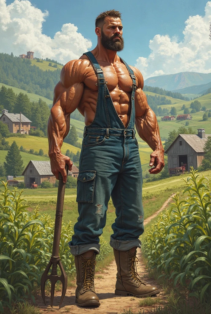 A muscular Clark Kent, shirtless and wearing overalls, stands in the Kent farm holding a large log with a determined expression.