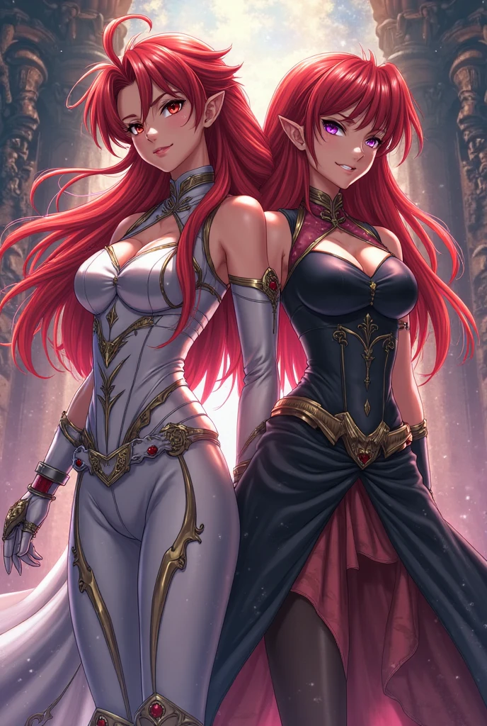 Princess Zelda and men, Anime Style, masterpiece, maximum quality, maximum resolution, maximum sharpness.\nShe is wearing a hybrid maid/Ultraman costume, has huge breasts, red hair, light brown eyes, is smiling, her outfit and has a black shirt with white shot and white corset. \n They are around Princess Zelda