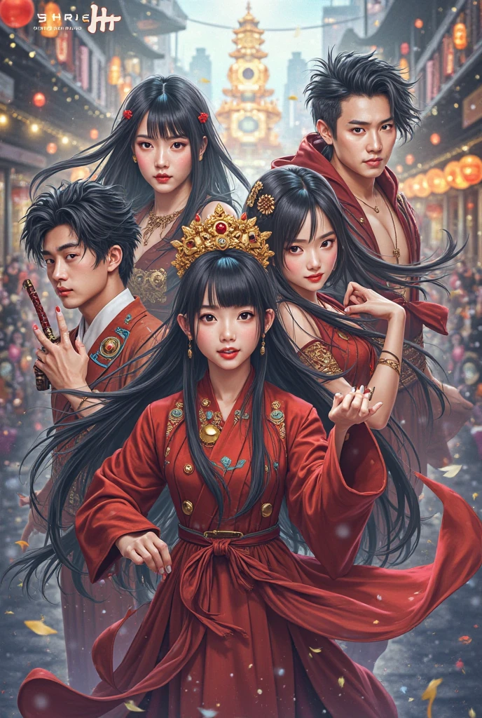 (anime fantasy, highly detailed CG unity 8k wallpapers, complex wallpapers with high detail, drama, real world, fantasy place, action frame, (clear focus, 8k), 8k texture, soft cinematic light, adobe light, camera, HDR, intricate, elegant, rich detail, clear focus, (((movie style))), soothing tones, madness for detail, (complex detail), extreme detail, low detail Contrast, soft cinematic lighting, dark color, mixed exposure, HDR, faded, 35 mm, f/1.4, ISO 64, F16, 25 seconds), (sultry pose, sexy position, sultry, atmospheric, gorgeous, gorgeous), 1 woman, (young)), (gold) and silver jewelry, (jewelry with precious stones)), ((black long hair))), flying long hair, (perfect and clear facial features), crystal clear red eyes, (pink lips), (big breasts)), (mature), (smile), (Japanese shrine, indoor, cherry blossoms, (hot spring), flower, (torii), gemstone, diamond, glitter, sapphire, ruby, emerald, pearl, smoke, amber, magic, obsidian, throne), looking at the audience,