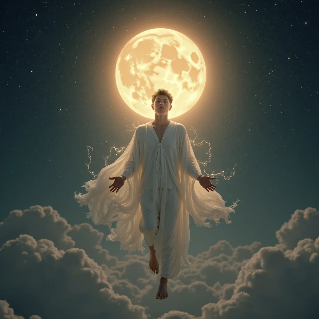 Create a relaxing, serene image that evokes peace and tranquility. The image should show an angelic figure of Michael the Archangel Man in soft tones, well-defined and strong man's face, surrounded by a bright, protective light. No fundo, place a starry night sky with a full moon. Use soft colors and calming tones to convey a feeling of deep relaxation.