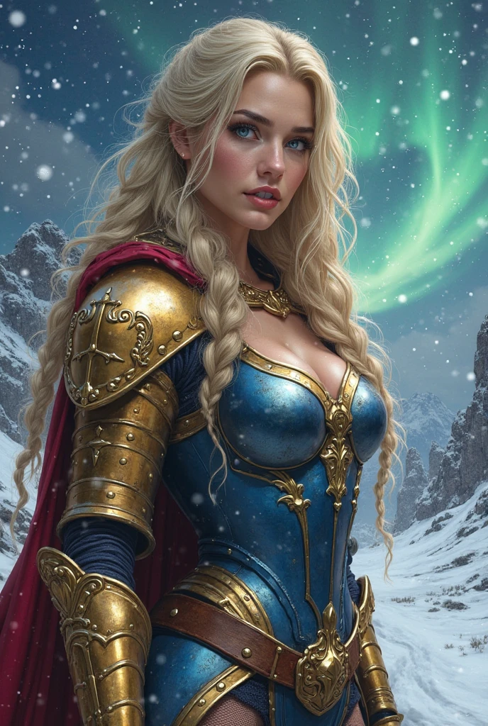 BOMBSHELL BLONDE WOMAN, WARRIOR FEMALE, TANNING SKIN BLUE EYES, HIGH CHEEKBONES, ROSY CHEEKS, MENTAL FORAMEN, HUGE LONG HAIR, DOUBLE BRAID HAIR, VOLUMOUS HAIR, EXPOSED TIP EARS, DETAILED ELVE EARS, BLUE AND GOLD LEOTARD ARMOUR, BLUE AND GOLD ARMOUR, GOLD GAUNTLETS, STRONG CURVY BODY, MUSCLES, GORGEOUS THICK THIGHS EXPOSED, DETAILED QUADRICEPS, MUSCLES, SIDE BODY VIEW, FULL BODY PERSPECTIVE, NORTHERN LIGHTS, NORTH POLE, SNOW, NIGHT SKY, ACCURATE IMAGE, MASTERPIECE.