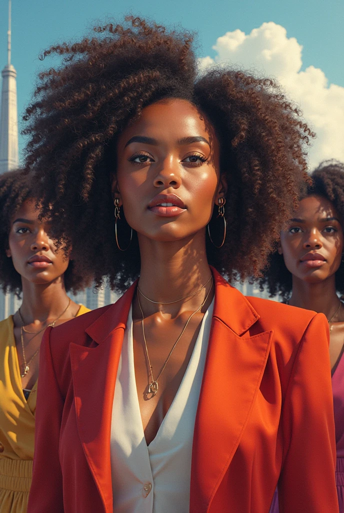 black girl and her white best friends, arms crossed, she is the leader, setting is a large luxury patio, tan furniture, natural lighting, view of Washington DC, futuristic, detailed, hd, wearing gucci