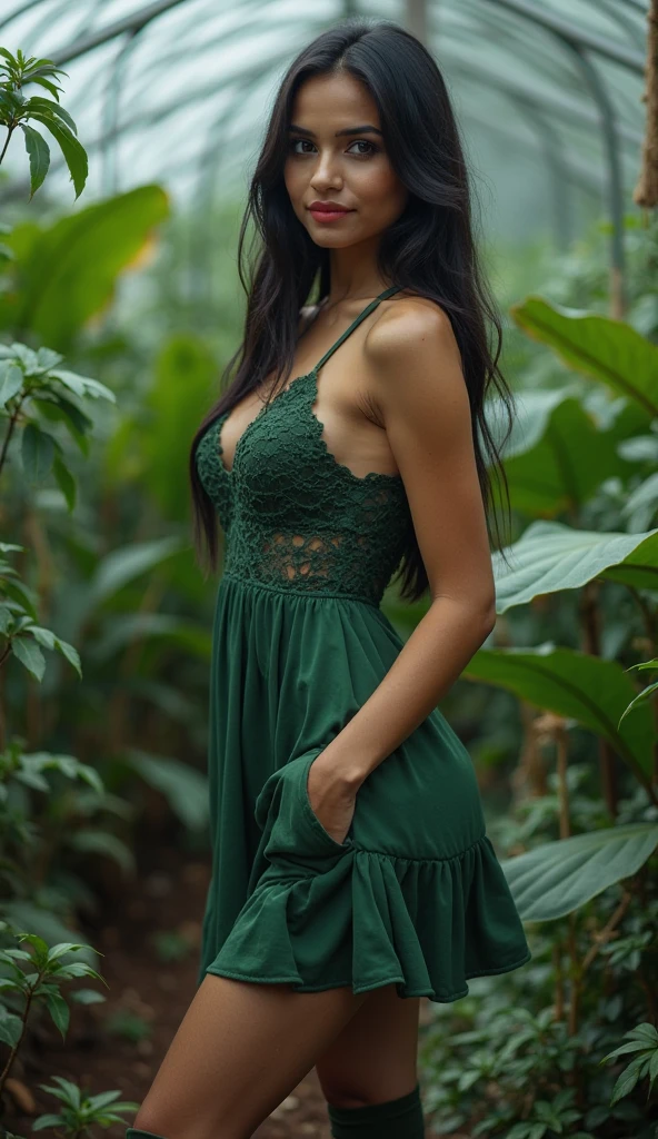 (young woman, 25-year-old:1.1), (wavy black hair:1.1), (big eyes:1.1), (black makeup:1.1), (light jungle), (green goddess dress made of leafs), (ultra-big breast), (green dress), (green flowers crown), (green soul), (beautiful innocent smile), (best quality,4k,8k,highres,masterpiece:1.2), ultra-detailed, (realistic,photorealistic,photo-realistic:1.37), HDR, UHD, studio lighting, (portraits,concept artists), vibrant colors, (lush greenery), (bright sunlight)