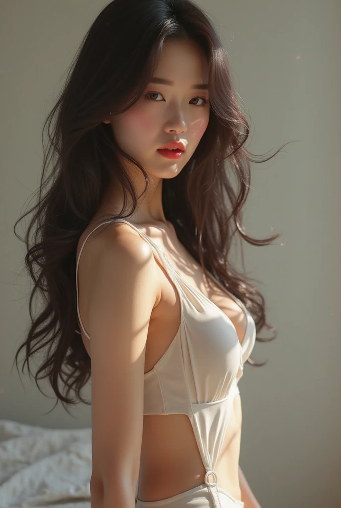 ((Highest quality, 8K, masterpiece: 1.3)), 1 Girl,
A Beautiful woman with slim abdominal muscles: 1.3,
Her long, lustrous black hair cascades down her back in soft waves, reaching the small of her back with a big bounce: 1.2,
She dons a simple yet elegant white bra top and matching panties, creating a subtle contrast: 1.3,
The intimate setting of an indoor environment highlights the scene, creating a sense of intimacy and vulnerability: Indoor,
Her highly detailed face is a work of art, with sharped features and description black eyes: 1.3,