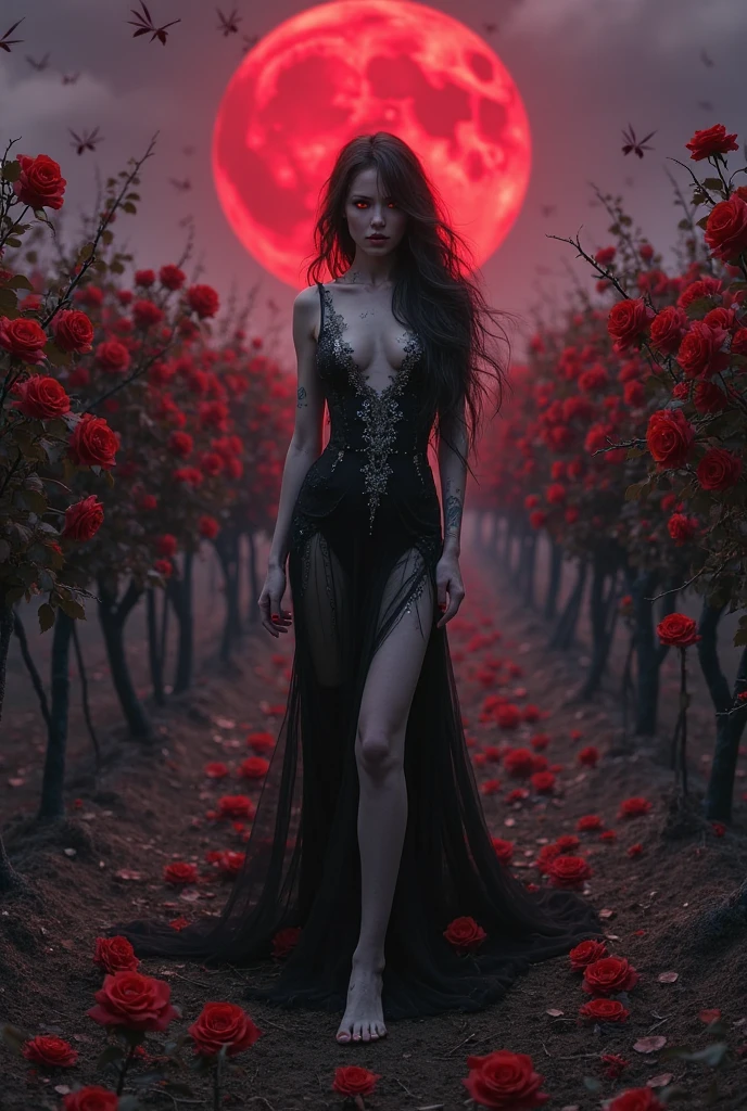 action film,8k, melhor qualidade, poses elegantes,Senhora das Sombras, Beautiful woman, grandes olhos negros, olhar triste, scarlet lips, pale skin, long black hair fluttering in the wind, vestido escuro com renda barroca, Elegant black gloves on the hands, joias elegantes em roupas e cabelos, Standing in the field of red roses, noite, night sky, lua brilhante enorme, luar frio, attention to detail, alta qualidade, master part , ultra dealhados, pele realista