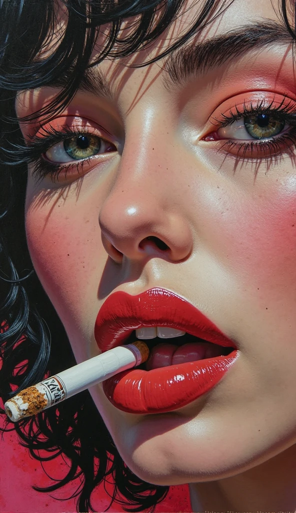 Brunette woman smoking with cigarette holder, tatoos, medium brown hair, chunky, sexly, dark brown hair, big boobies, butterfly tattoos, oil portrait, mil painting, 1950, tatoos, vintage, vhs, vintage painting, pulp scifi art, retro pulp art, 1960 s, Arte Pulp Vintage |, beautiful painting with highly detailed face by Gil Evergren , pure and innocent expression, natural reflection textures, cinematic lighting