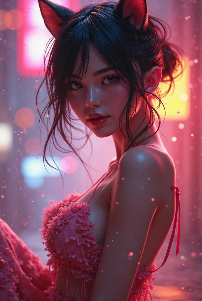 a glowing head made of glass and a glowing body made of glass, beautiful face, detail face, full body, long legs, nice smile, good arms and hands, pink neon glowing lights, amazing particles pulling out of the glass head and body, like droplets of glass floating, 8k highly detailed digital art, intricate artwork, octane render, mind-bending digital art, breathtaking digital art, 3d digital art, 8k hd wallpaper, volumetric lighting, highly reflective glass particles