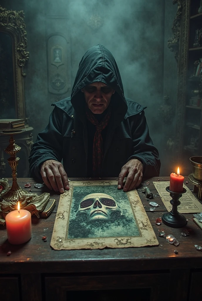 Image of witchcraft tools with cards, calaveras, candles, etc., make it super real and mega spooky