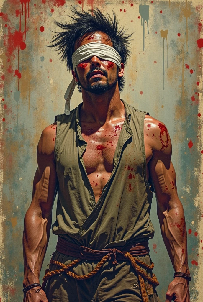 Make a movie poster where a man has his arms behind a chair tied in handcuffs. With a hood on his head covered in blood. Shirtless looking like he was . In an old room with the feel of a horror film
