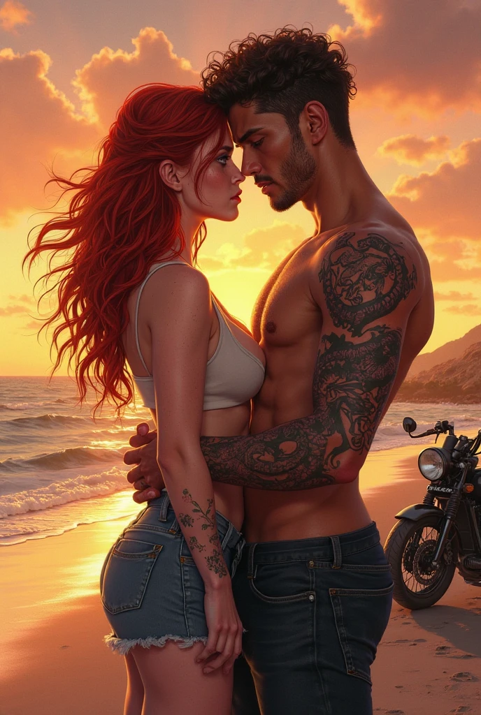 A red-haired nymph with long hair, blue eyes She meets a man a muscular and handsome man with light blue eyes and blonde hair, The two are sitting on the hood of a red Ferrari watching the stars in the distance you can see a Ferris wheel the two are dressed