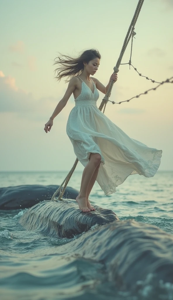 3d rendering of white blonde girl with blue eyes with her feet and hand bound with white rope