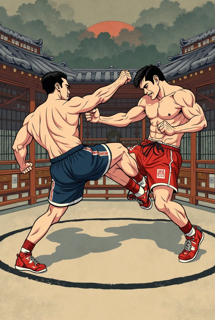 A wrestling duel between two middle-aged Chinese men,age 55,exposed bare shoulders,One is green shorts,One is blue shorts,Site is a field