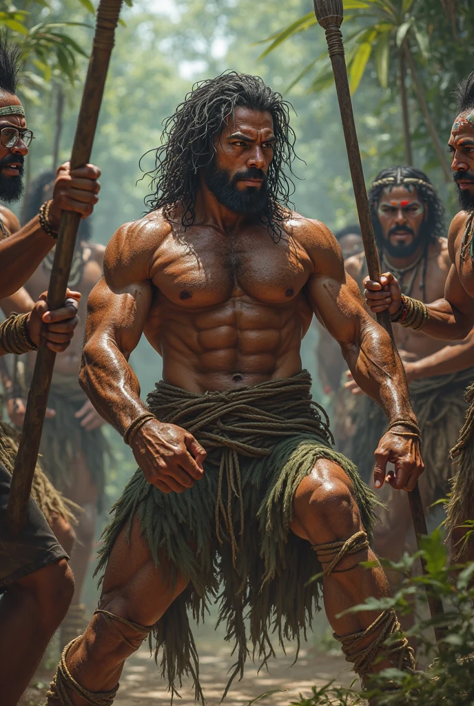 Strong hairy and bearded men bathing in a river in their underwear.