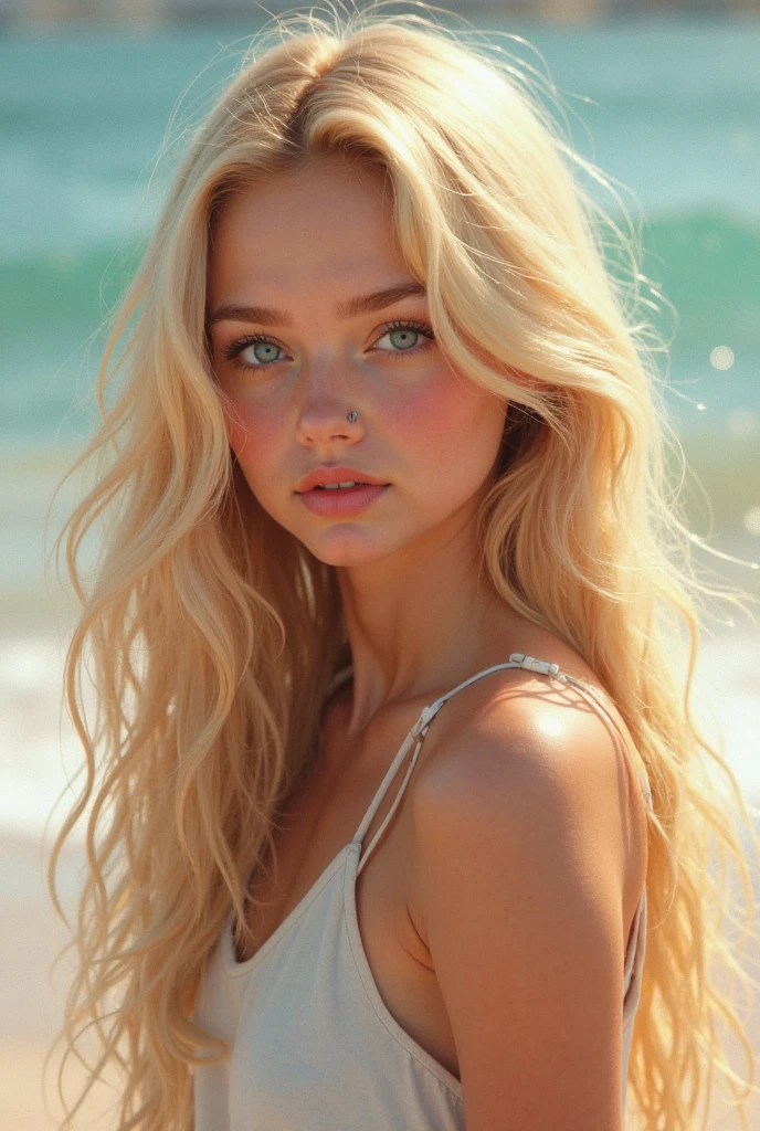 summer6, portrait of a beautiful blonde, detailed skin texture, light freckles, beach, bikini, front view